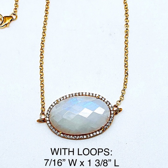 Gold Oval CZ Rainbow Moonstone Necklace w/2mm Rolo Chain, NWT, Gift Box Included - Picture 4 of 9
